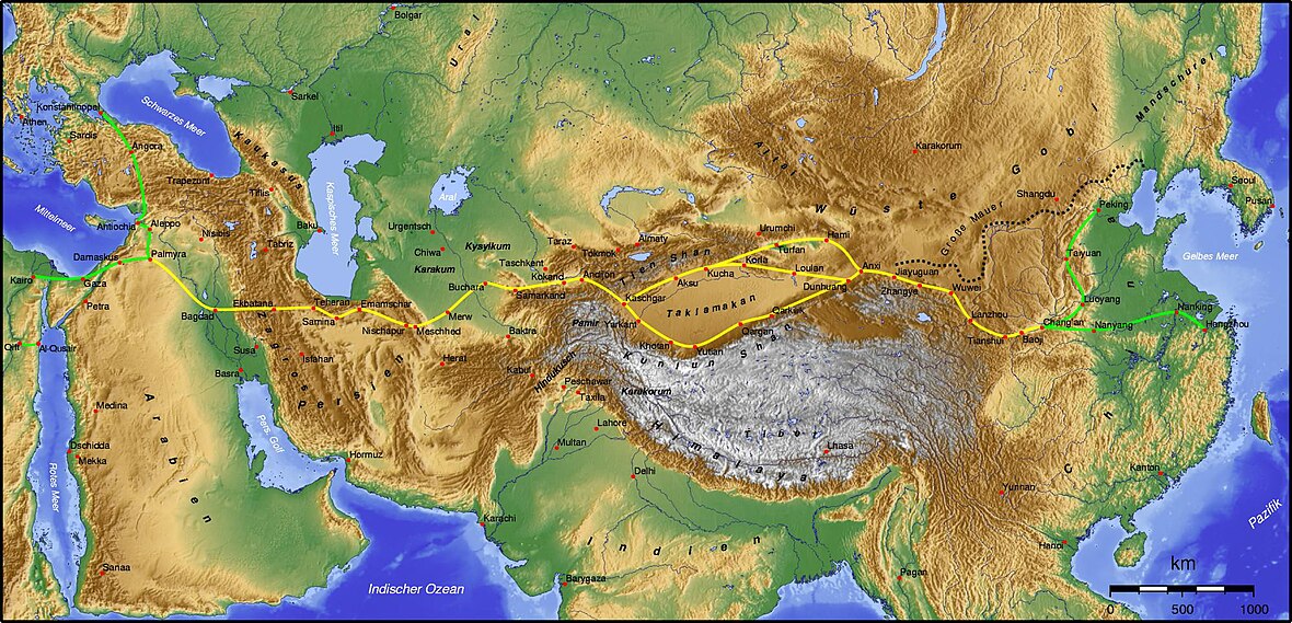 Map of the Silk Road showing trade routes.